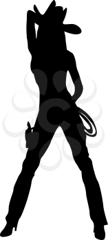 Silhouette drawing of a cowgirl with hat, whip and pistol