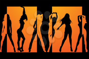 Silhouetts of six different dancing girls in black and orange.


