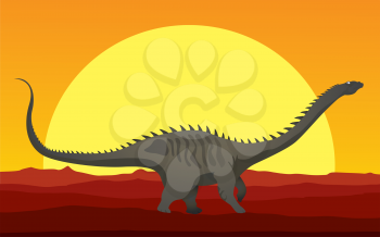 Background cartoon style drawing of a dinosaur in the susnset