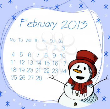 February 2013 calendar with saluting snow man.