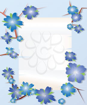 Floral frame design with blue flowers over old paper with room for text
