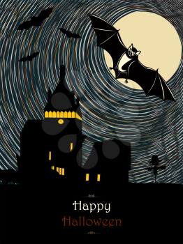 Spooky halloween illustration with vampire bats flying from a castle silhouette in the moonlight