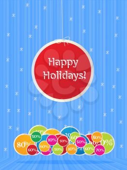Illustration of a happy holiday sign over several sales labels in colors.