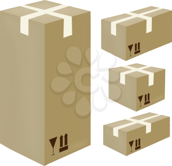 Isometric closed cardbox icons with fragile stamp