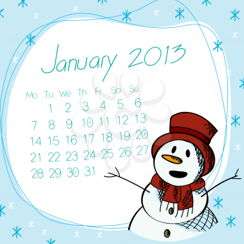 January 2013 calendar with saluting snow man.