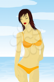 Illustration of a red hair girl in bathing suit over a sea background. No mesh or transparencies used.