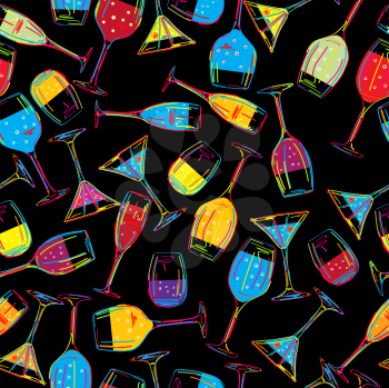 Seamless background pattern with various drinks, cocktails. Abstract art.