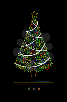 Abstract Christmas tree, isolated and grouped objects over black 