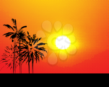 Stylized summer background with halftone sun and palm trees