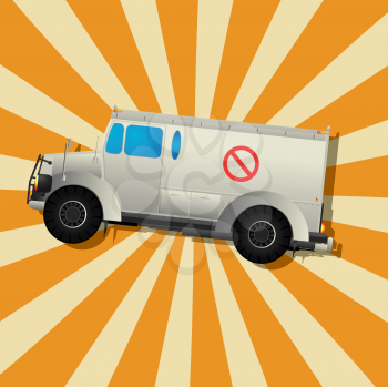Retro art drawing of a armored truck and shadow over a stripped background.