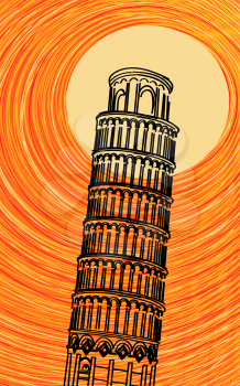 Romantic background illustration with stylized Tuscany leaning tower of Pisa in the sun