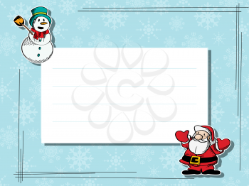 Winter celebration card with snowman and Santa