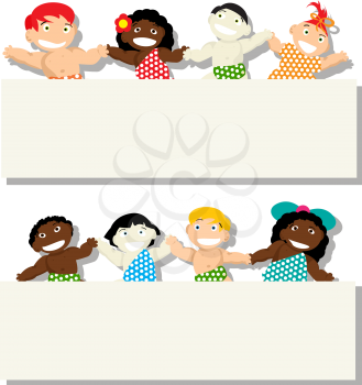 Babies of different ethnicity holding banner, isolated objects on white background