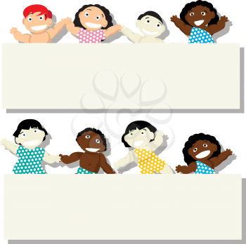 New born babies of different ethnicity with banner, isolated objects on white background