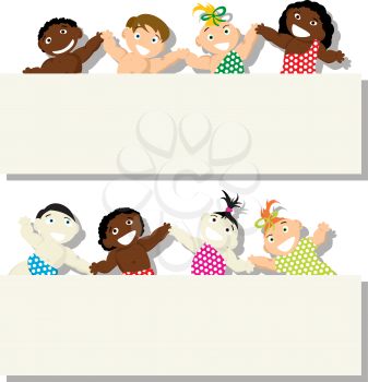 Set of babies of different ethnicity with banner, isolated objects on white background