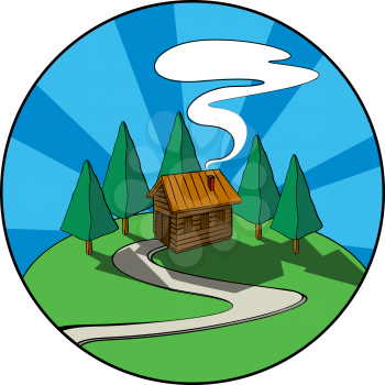 Wooden house, cabin in the forest. Graphic icon.
