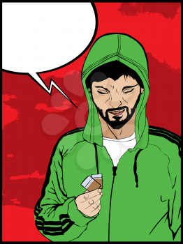 Comic style drawing of  a  drug addict man and a speech bubble