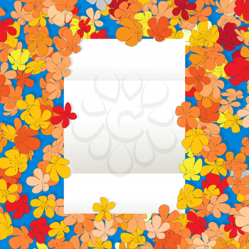 Blank paper over a cartoon floral background, abstract art