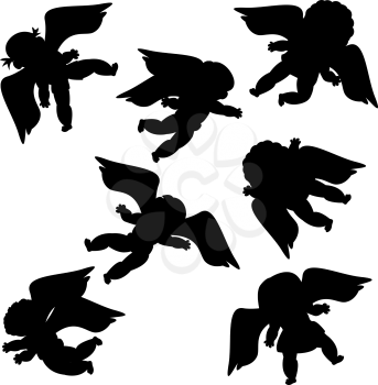 Flying angels silhouettes against white background
