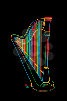 Decorated harp sketch in colors over black