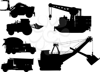 Mining and construction machine silhouettes over white background