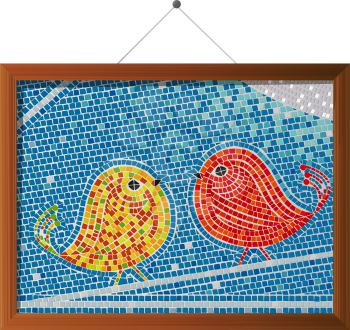 Mosaic tiles framed tweet birds background.