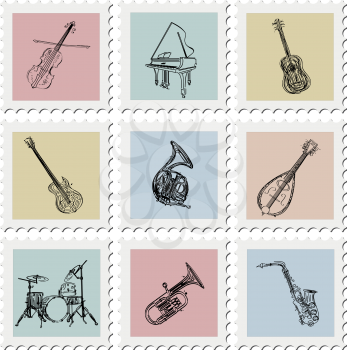 Stylized music instruments stamp collection on white background