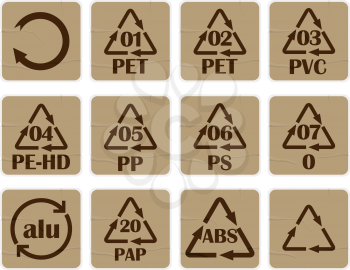 Collection of recycling codes for paper and plastic against white background