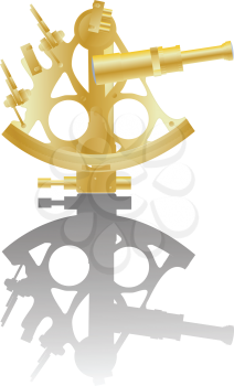 Illustration of a golden sextant instrument and reflection against white background