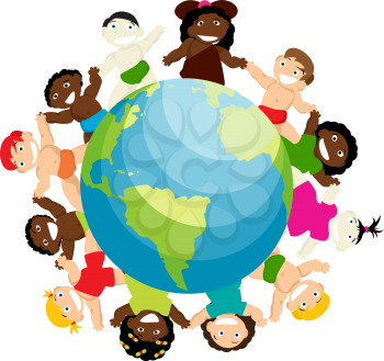 Conceptual anti-racicsm illustration with new born babies of different ethnicitiy arround the globe