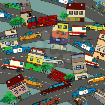 Conceptual illustration of a busy city with streets, cars and houses. Cartoon style drawing.