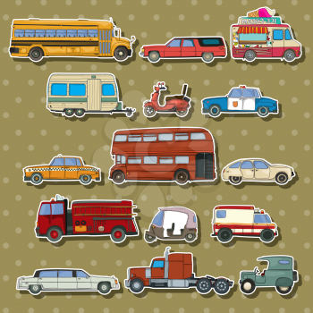Cars and transportation sticker set, cartoon illustration