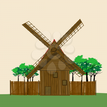 Cartoon windmill and trees
