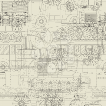 Cars, trains and construction vehicle drawing, seamless pattern background. 