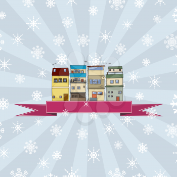 Winter holidays card with vintage houses and banner 