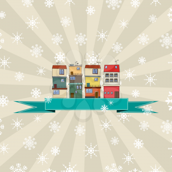 Winter holidays card with vintage houses and banner 