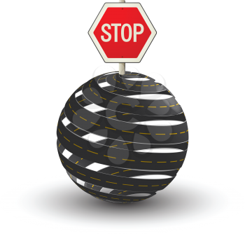 Conceptual traffic illustration with sphere roads and stop sign