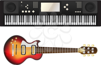Electric guitar and synthesizer over white background