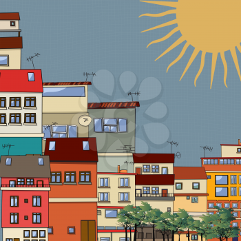 Cartoon style drawing of a city in the sun