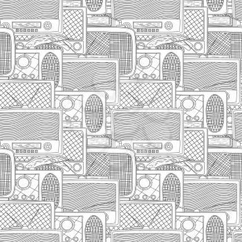 Seamless pattern design with vintage radio in black and white