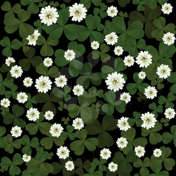 Seamless clover leaves and flowers pattern on black background at Patrick's Day 