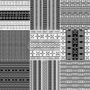 Set of monochrome geometric seamless patterns with tribal motif.