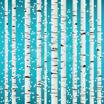 Winter background with birch forest and snow, seamless pattern