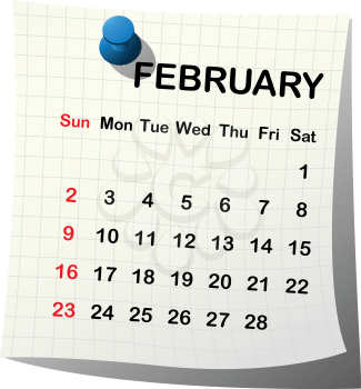 2014 paper calendar for February over white background