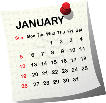 2014 paper calendar for January over white background