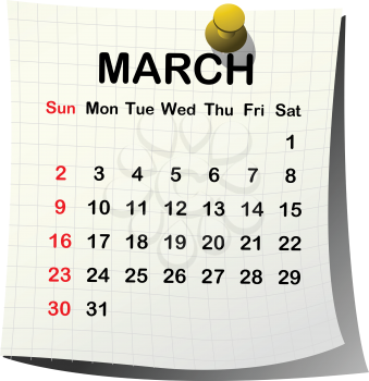 2014 paper calendar for March over white background
