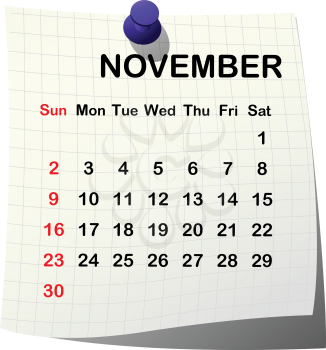 2014 paper calendar for November over white background