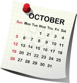 2014 paper calendar for October over white background