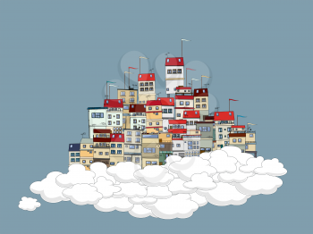 Flying city in the clouds theme background