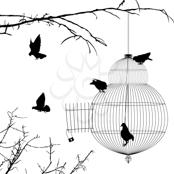 Open cage and birds silhouettes over white background